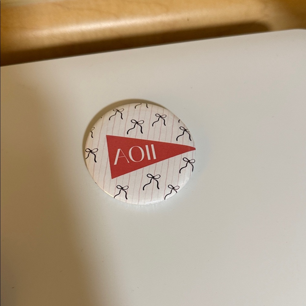 AOII Red and White Button Pin, comment with button request